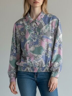 Vintage Cape Cod Sportswear Pastel Floral Geometric Long Sleeve Button-Front Top